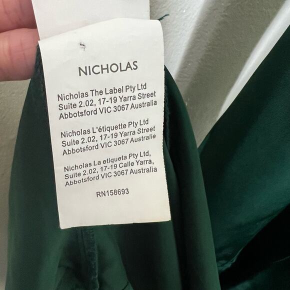 Nicholas Electra Satin Gown 4 Green Long Sleeve Maxi V-Neck A-Line Cocktail Slit - Picture 12 of 15